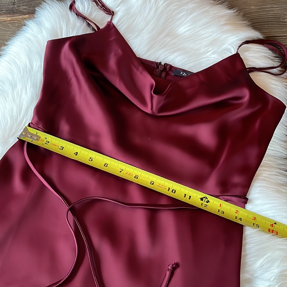KLD wine colored satin stretch cowl neck - high slit maxi dress NWT size M - Picture 8 of 12